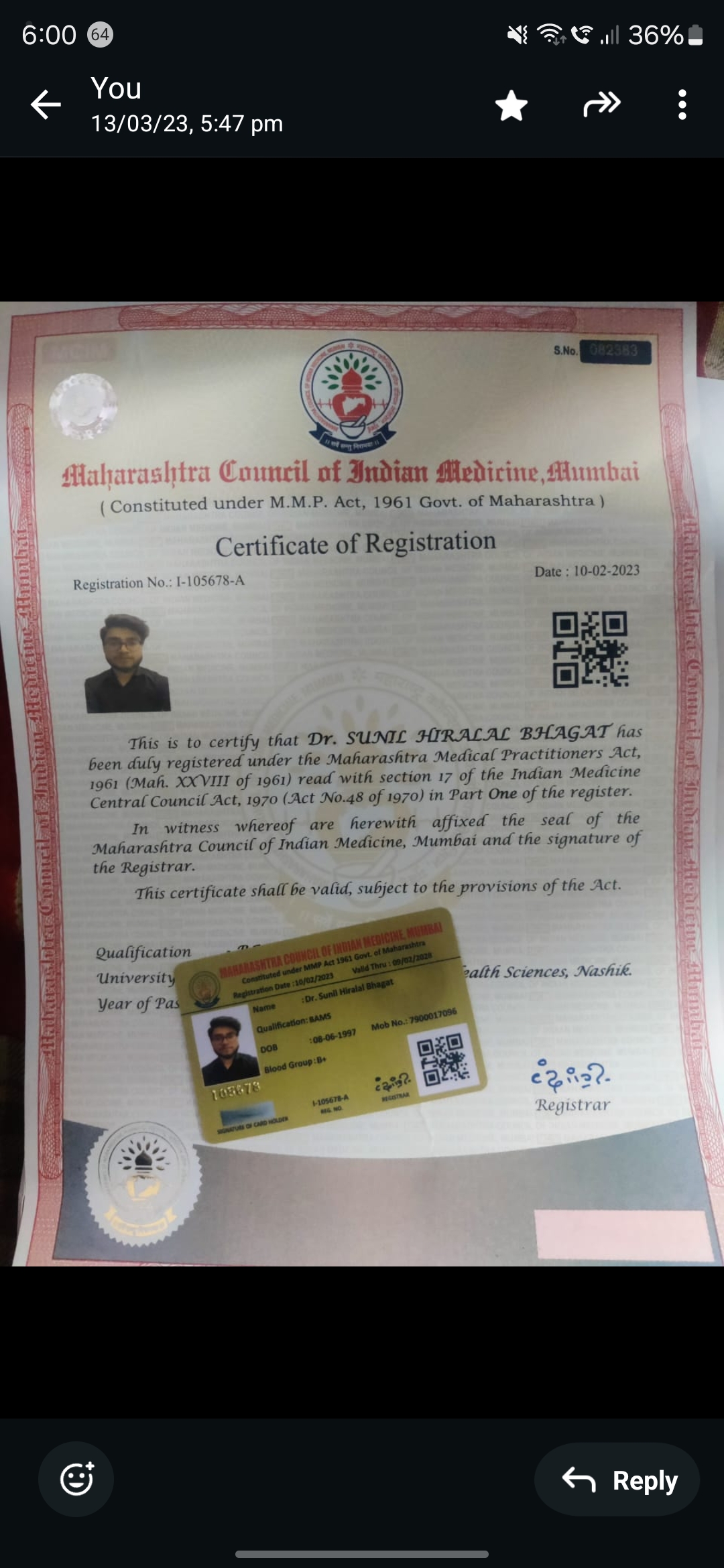 Ayurvedic doctor's certificate