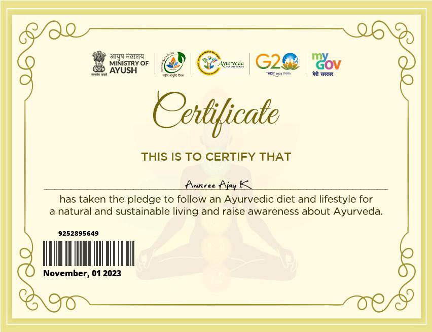 Ayurvedic doctor's certificate
