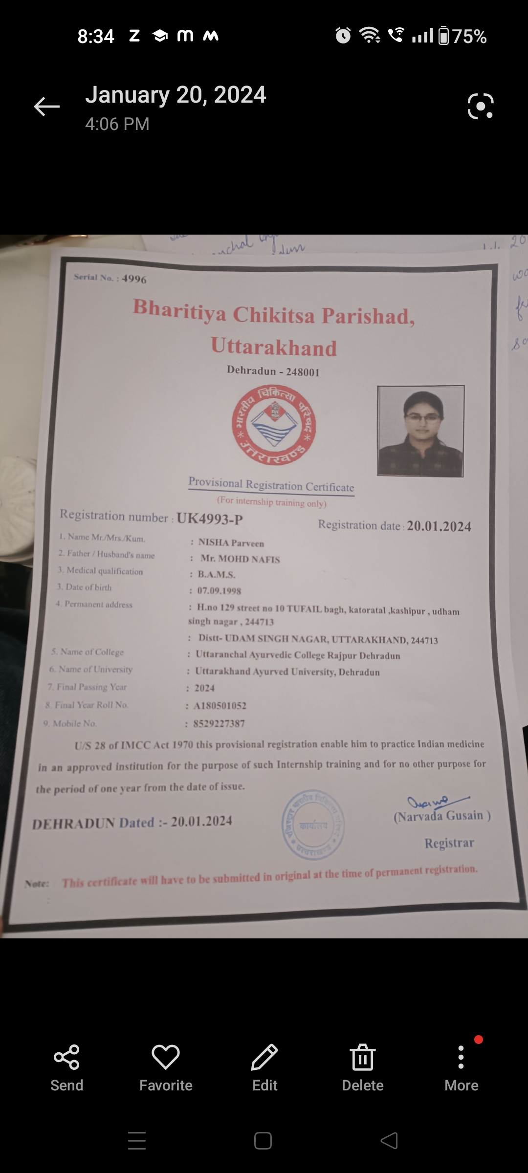 Ayurvedic doctor's certificate