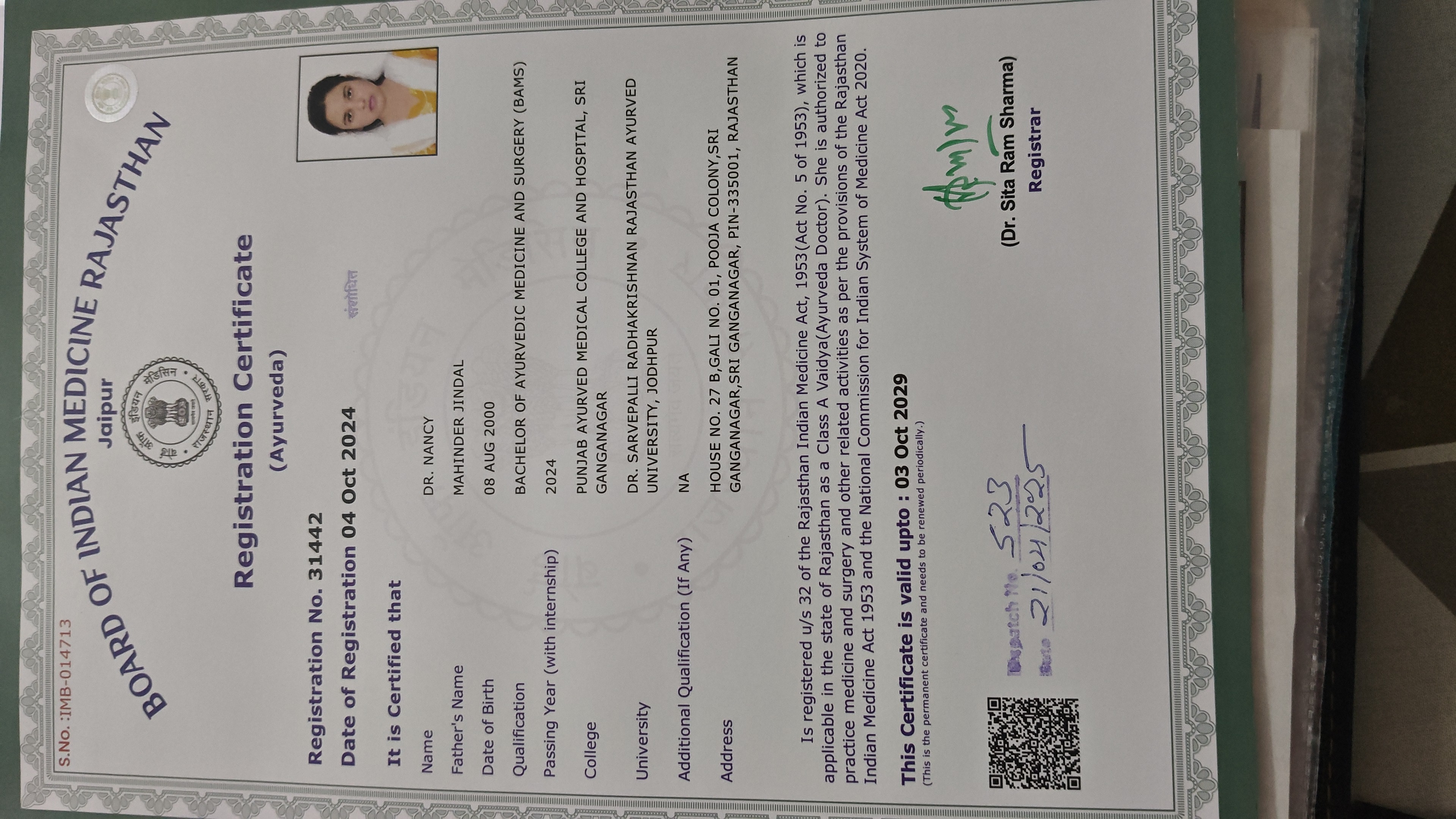 Ayurvedic doctor's certificate