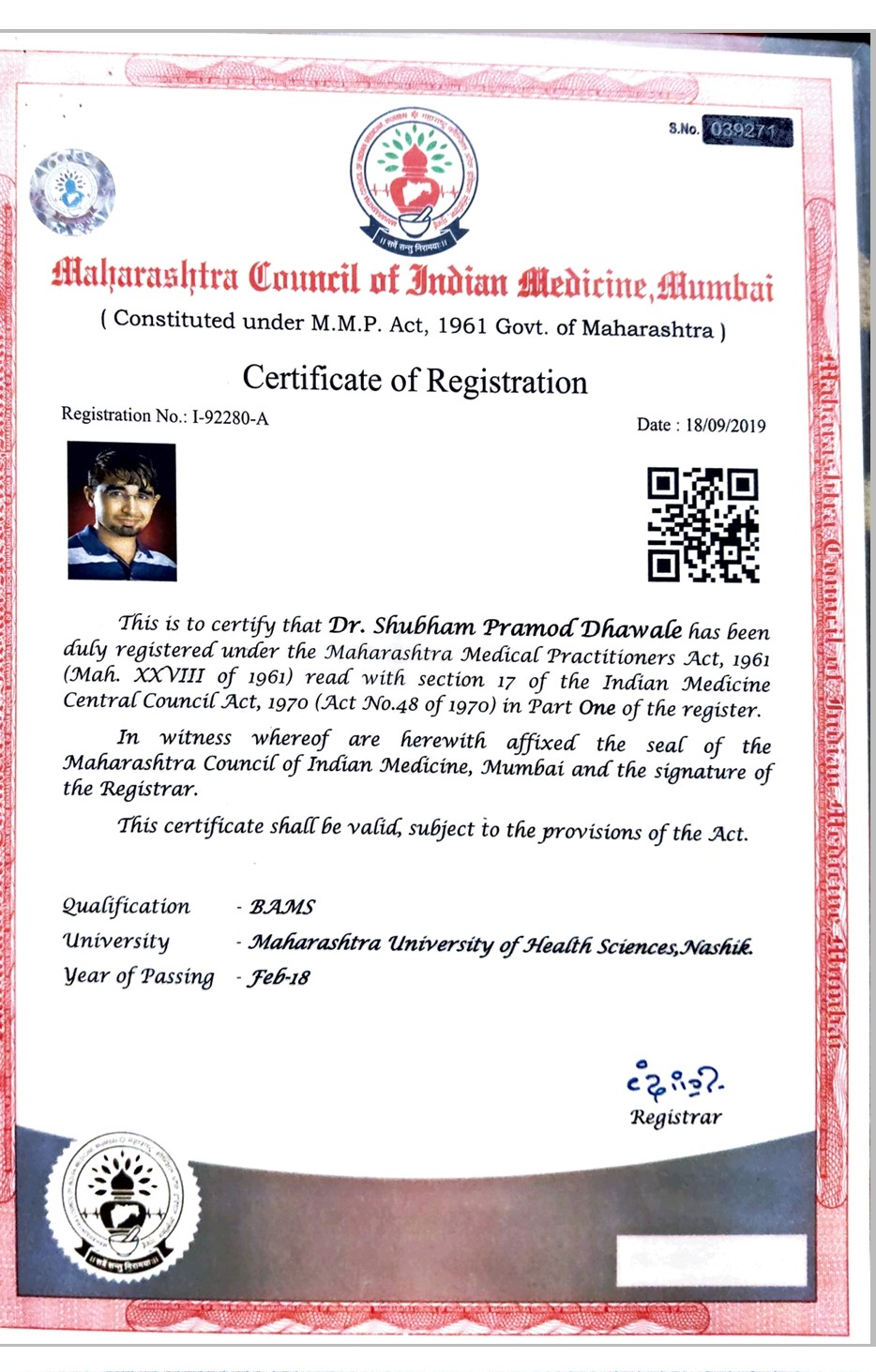 Ayurvedic doctor's certificate