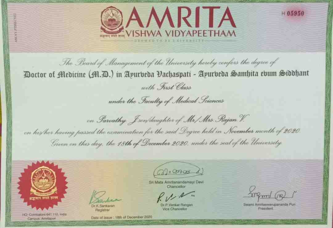 Ayurvedic doctor's certificate