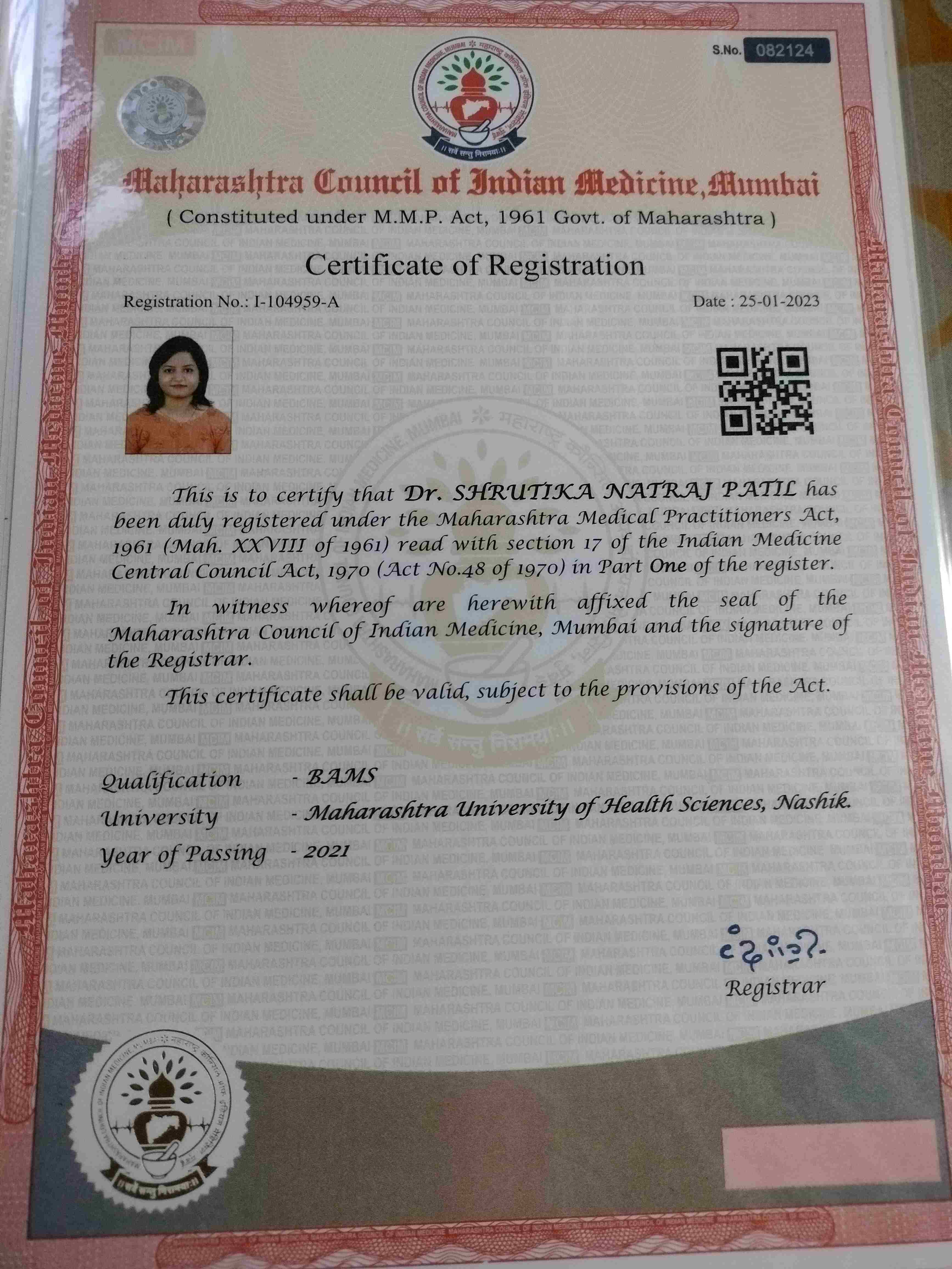Ayurvedic doctor's certificate