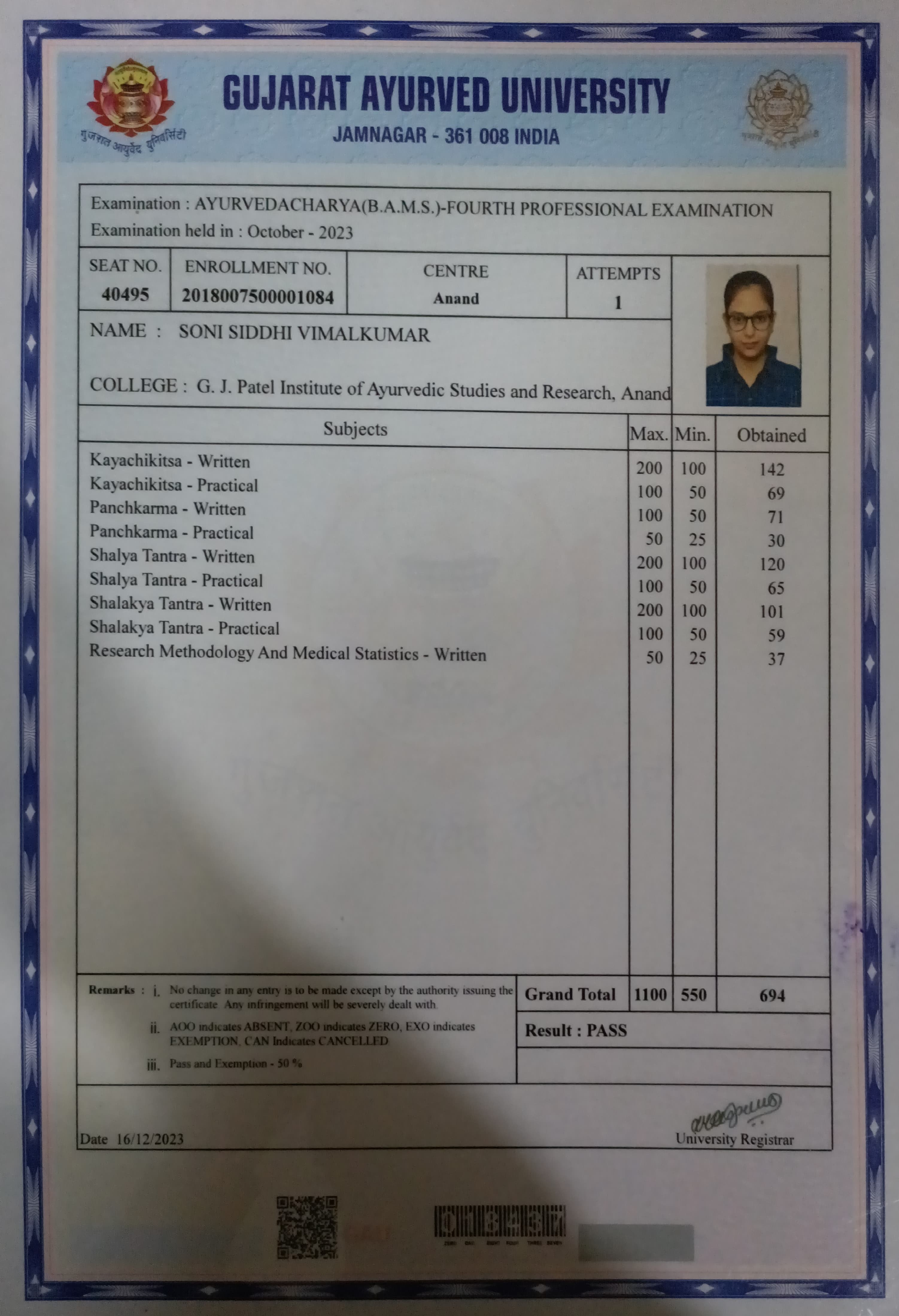 Ayurvedic doctor's certificate