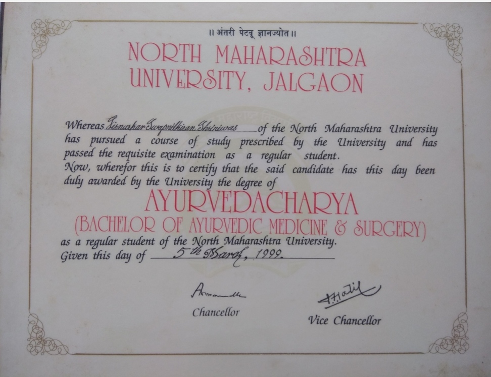 Ayurvedic doctor's certificate