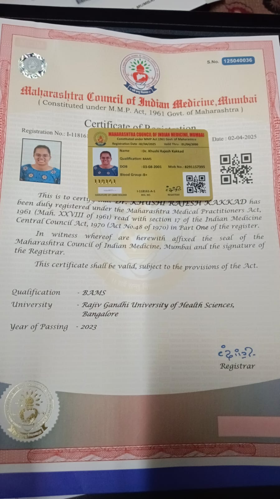 Ayurvedic doctor's certificate