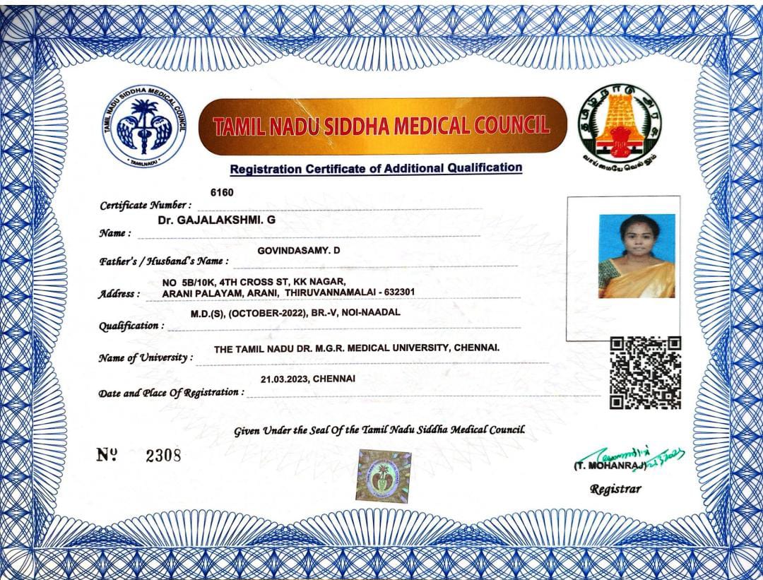 Ayurvedic doctor's certificate