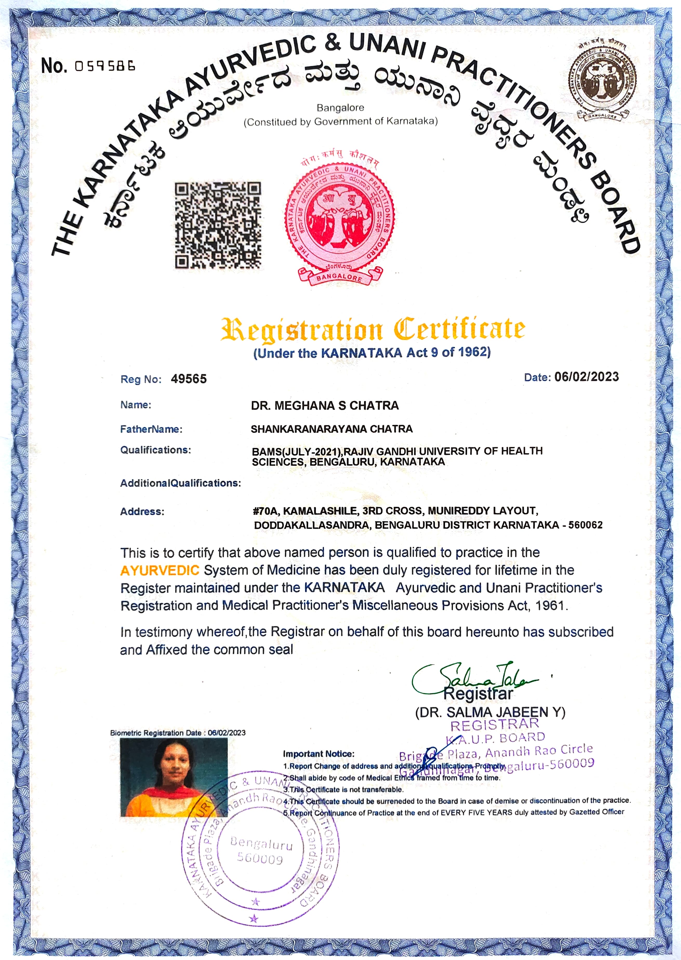 Ayurvedic doctor's certificate