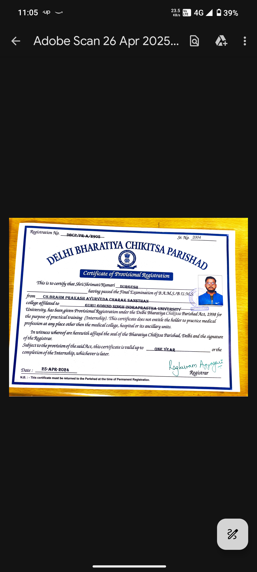 Ayurvedic doctor's certificate