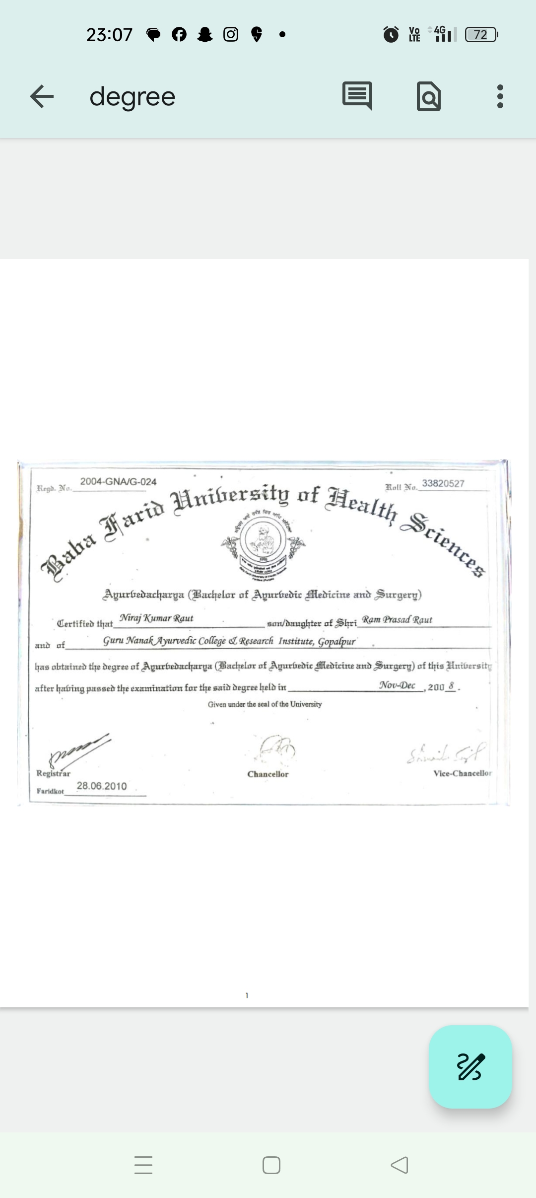 Ayurvedic doctor's certificate
