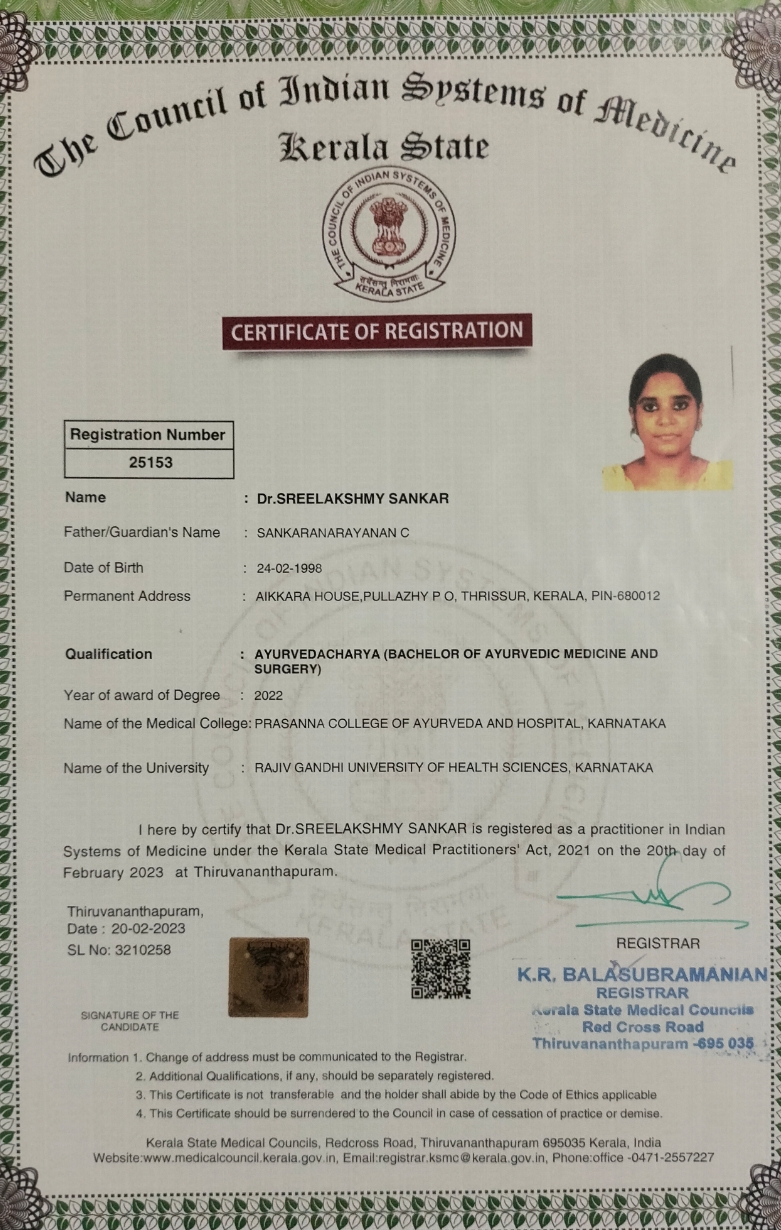 Ayurvedic doctor's certificate