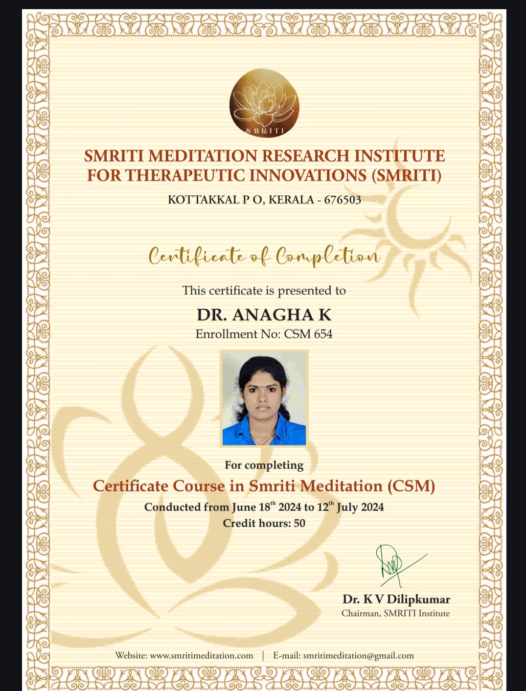 Ayurvedic doctor's certificate