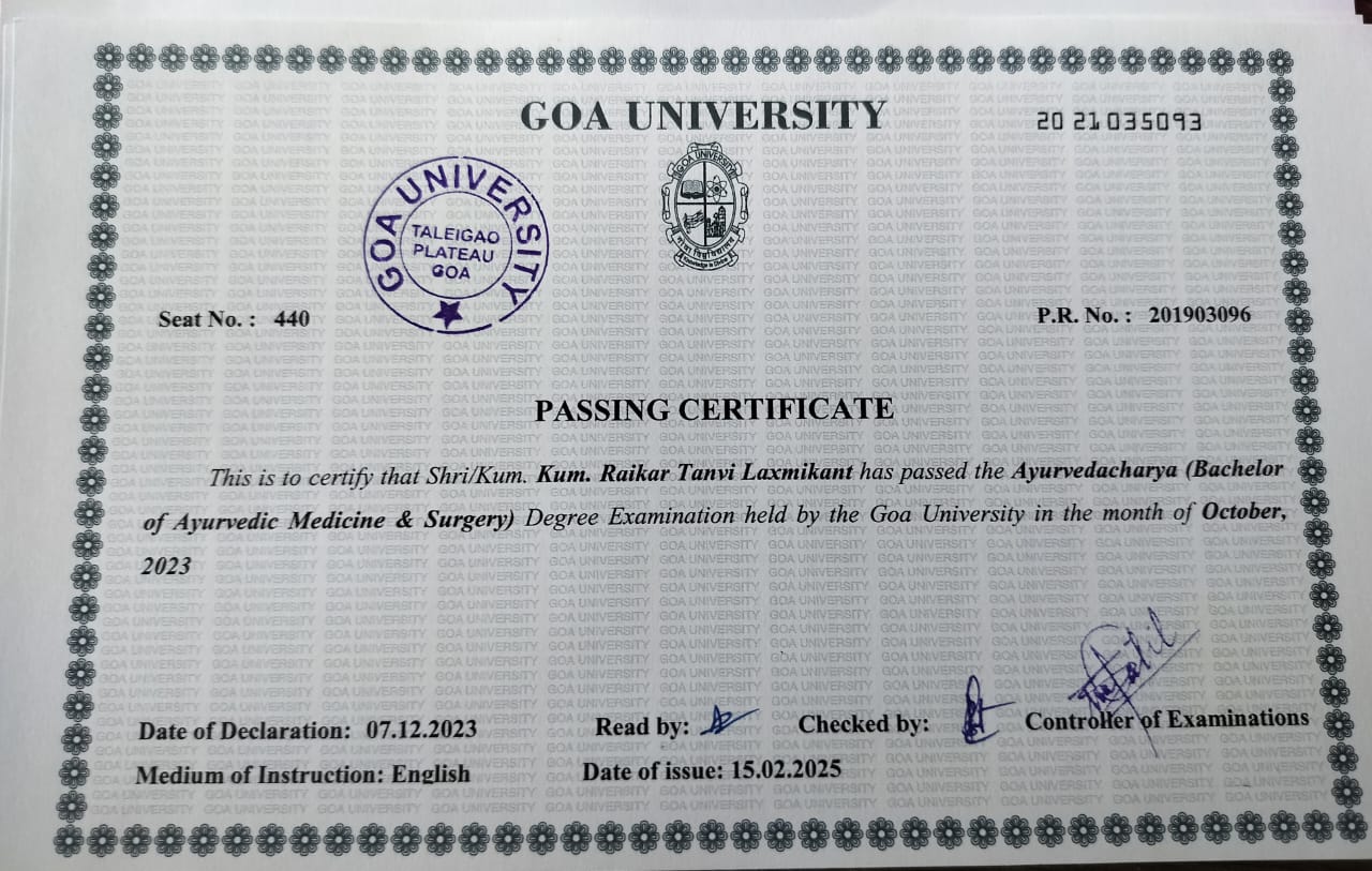 Ayurvedic doctor's certificate