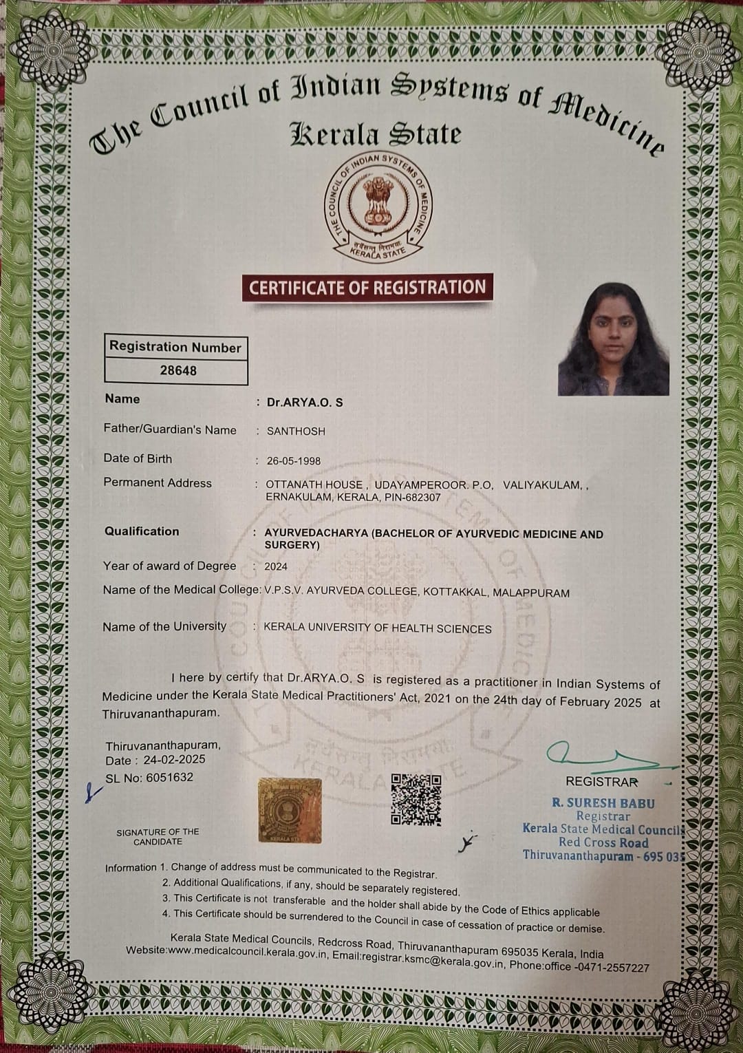 Ayurvedic doctor's certificate