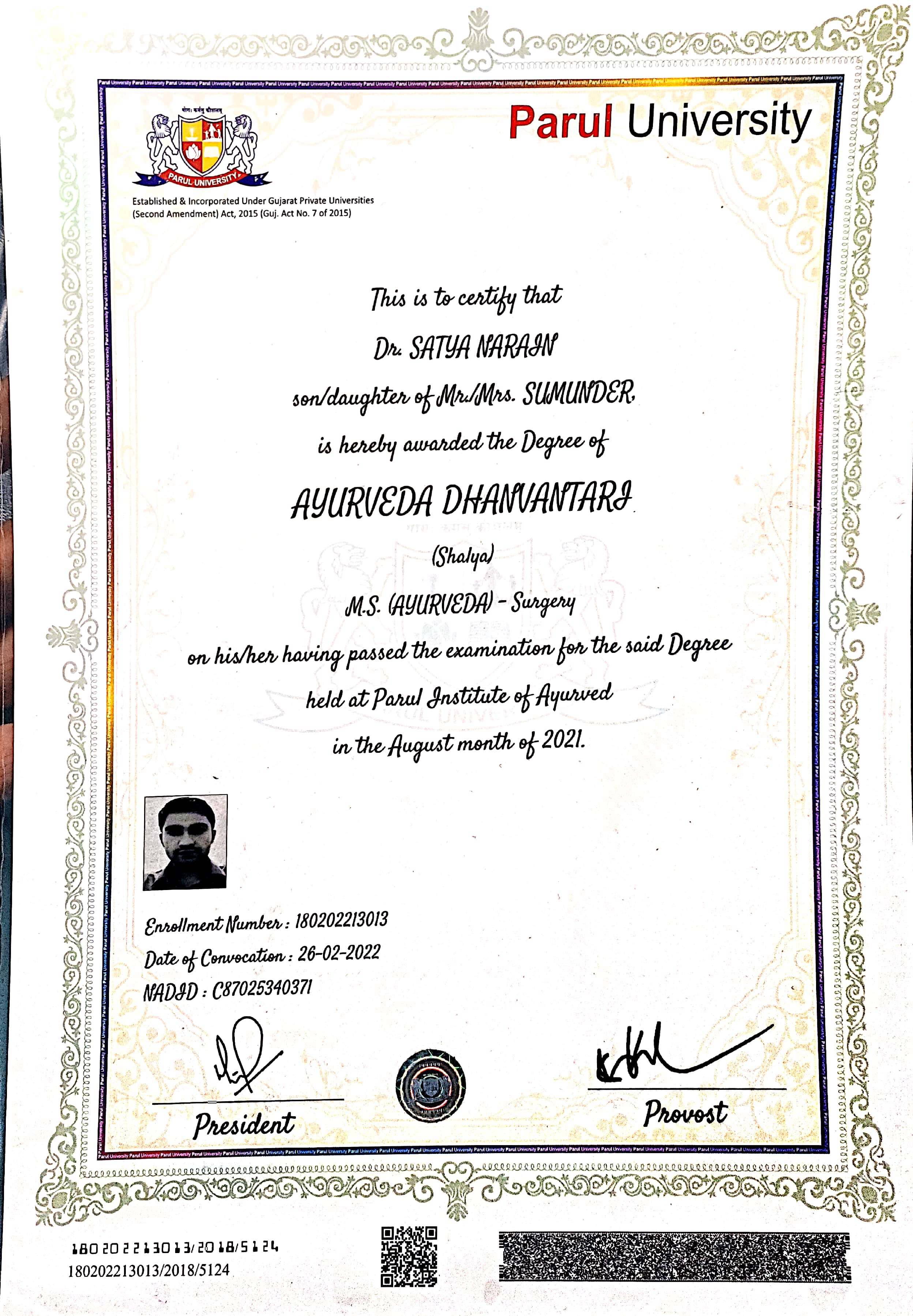 Ayurvedic doctor's certificate