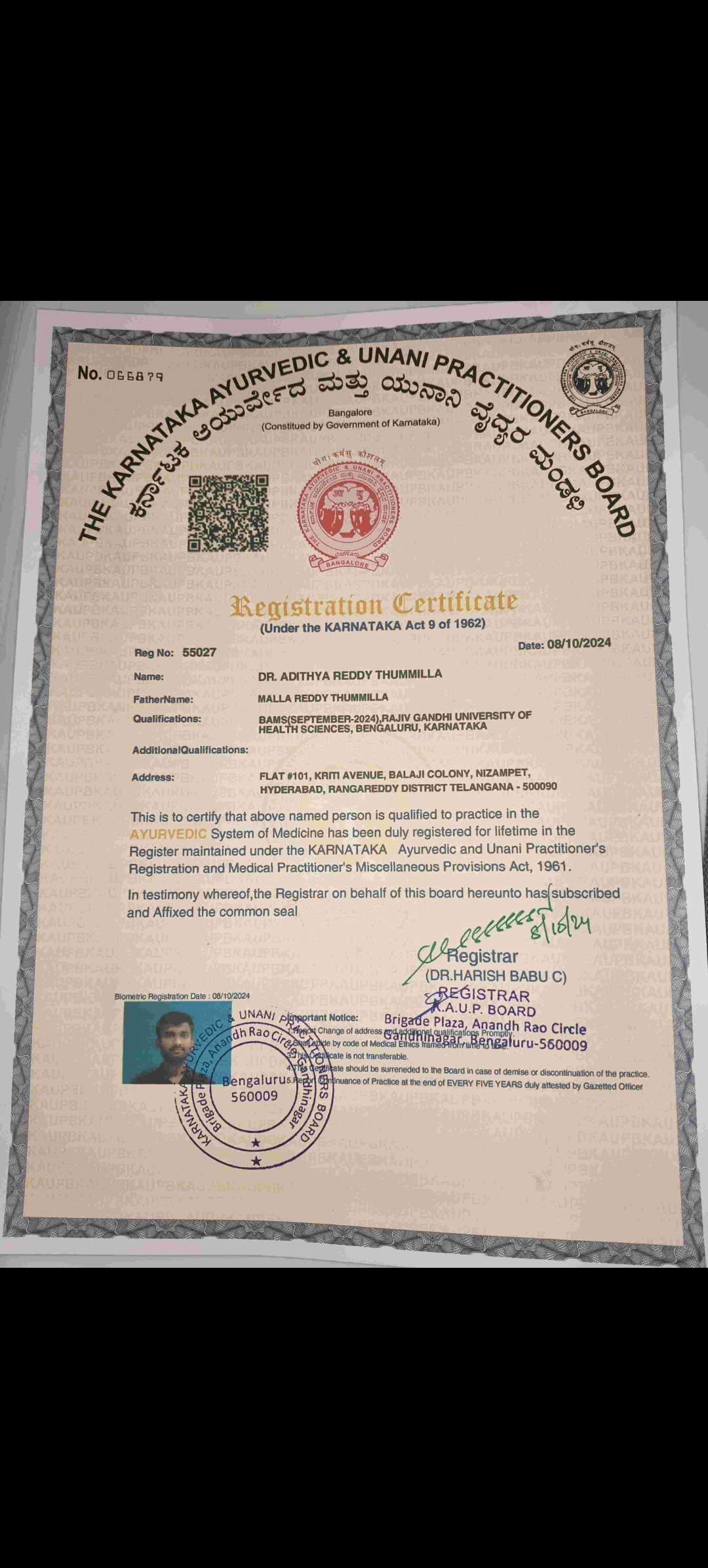 Ayurvedic doctor's certificate