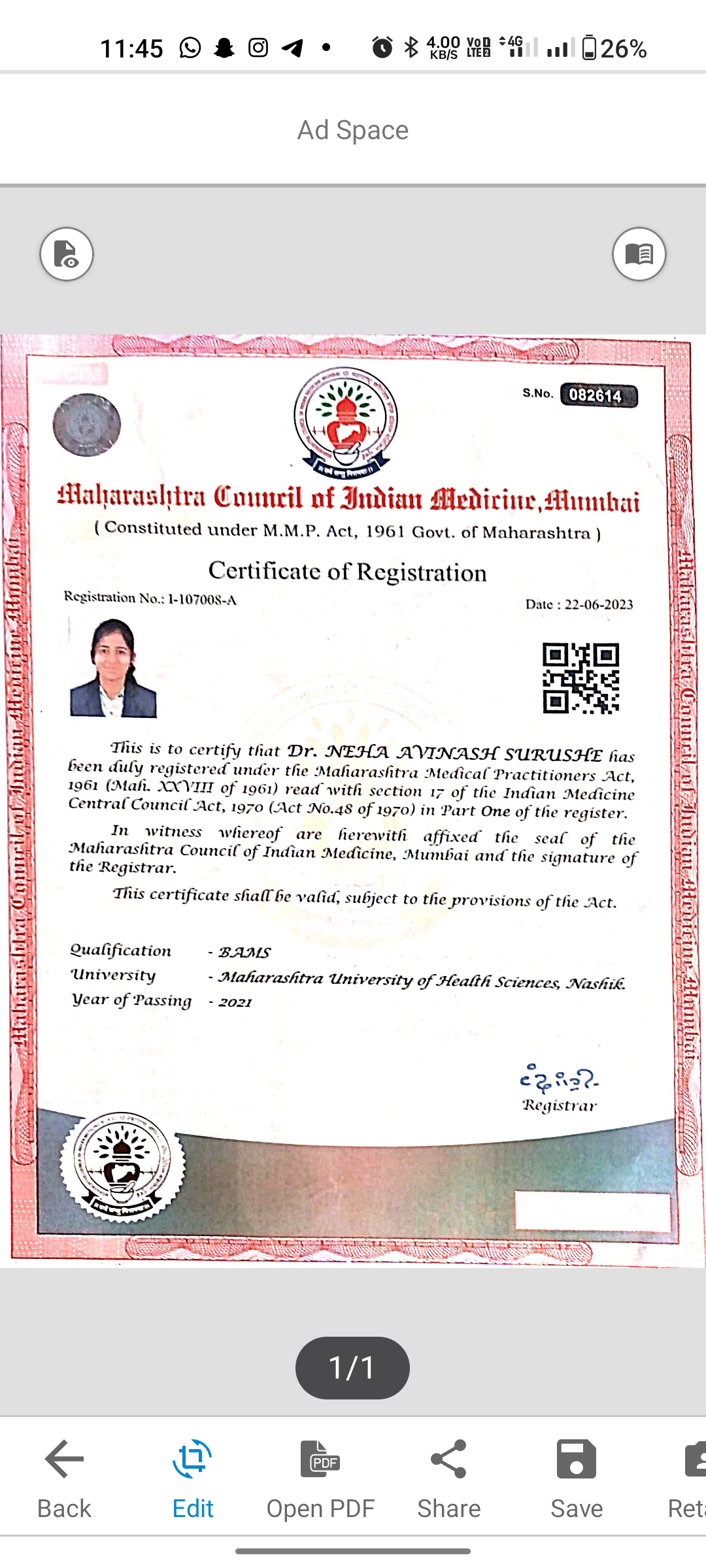 Ayurvedic doctor's certificate