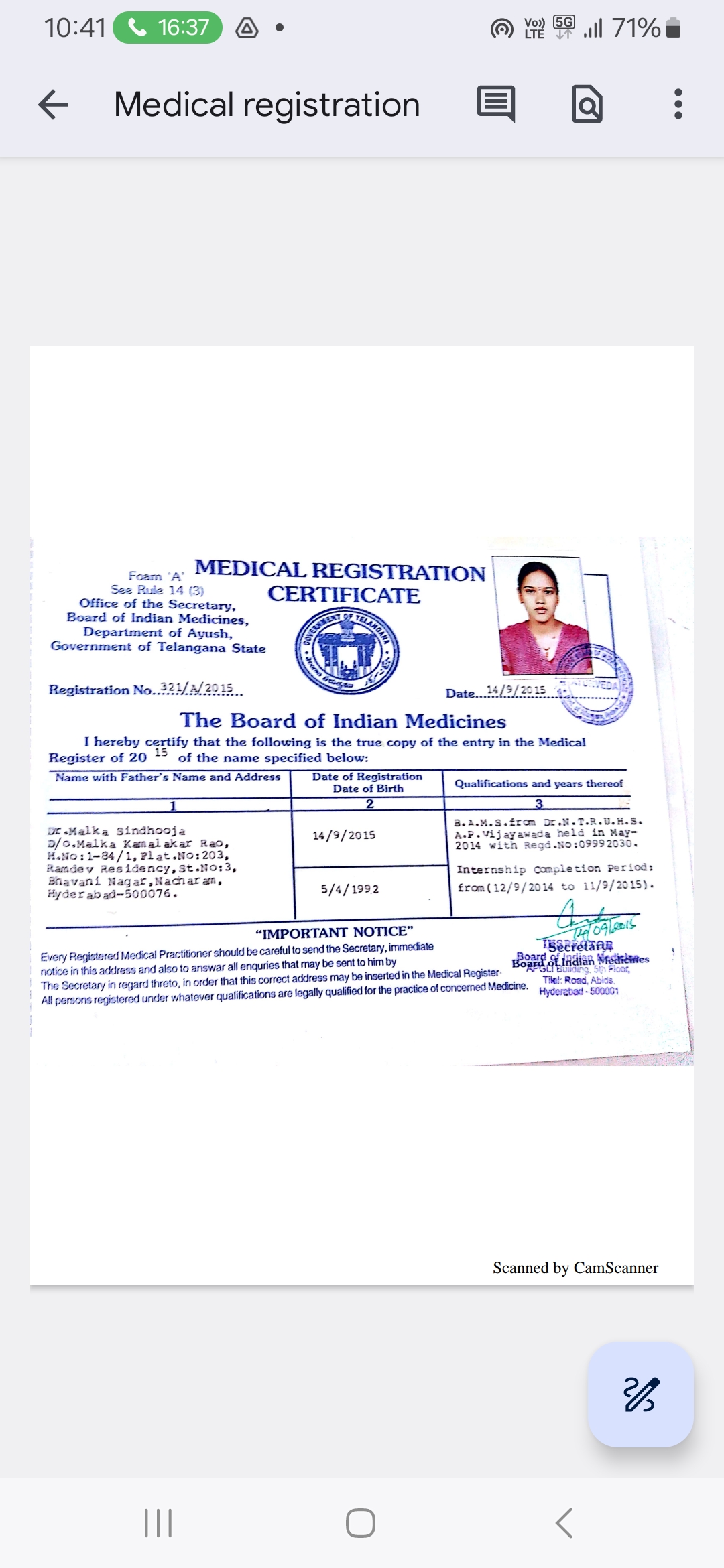 Ayurvedic doctor's certificate