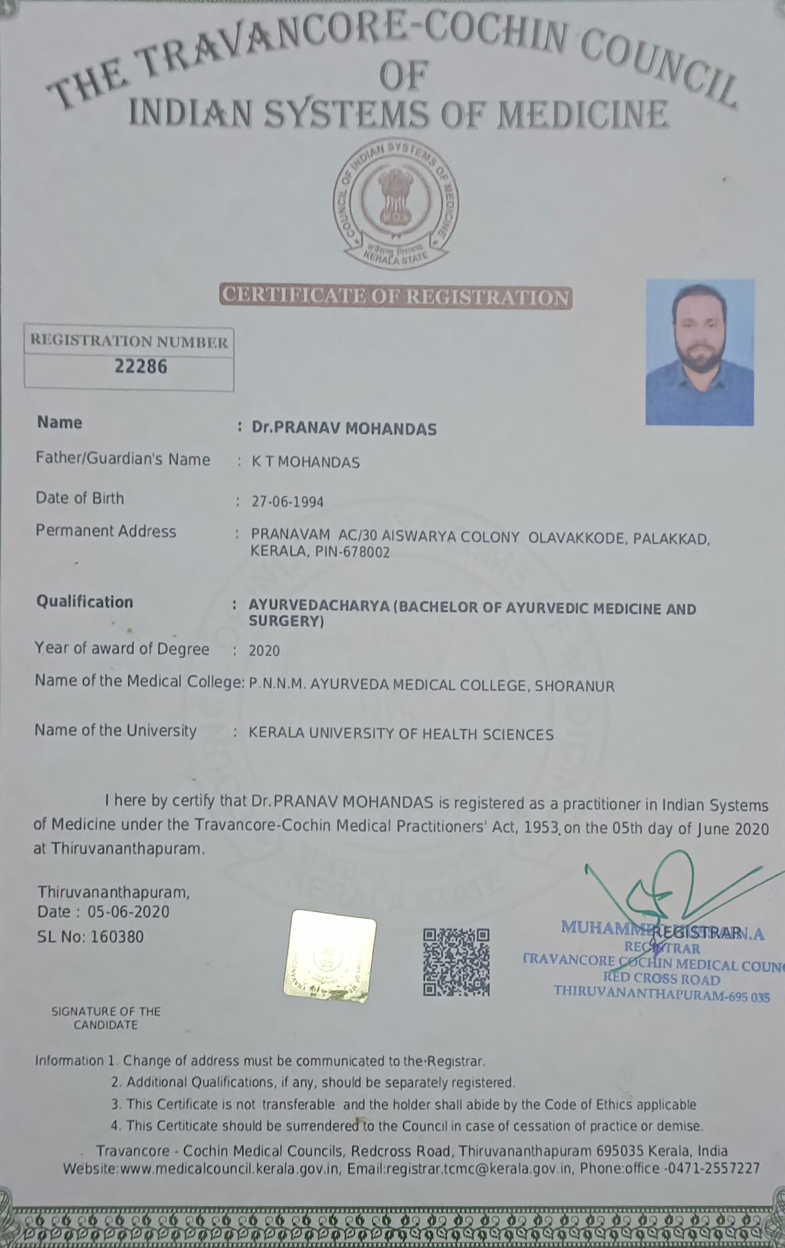 Ayurvedic doctor's certificate