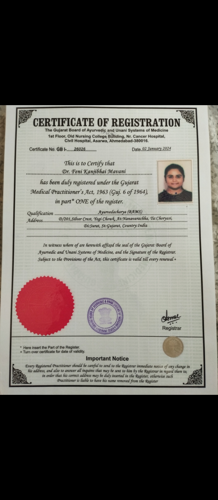 Ayurvedic doctor's certificate