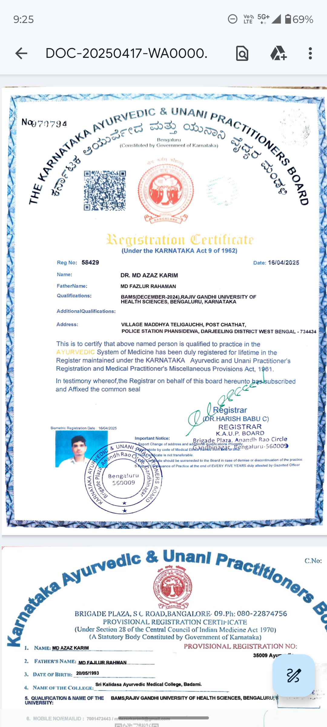 Ayurvedic doctor's certificate