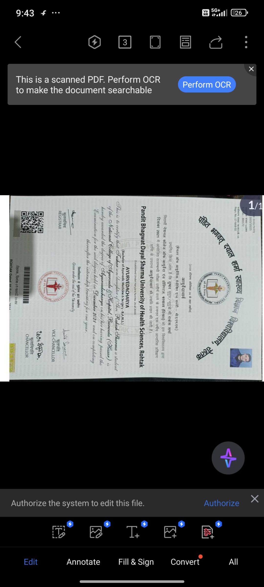 Ayurvedic doctor's certificate
