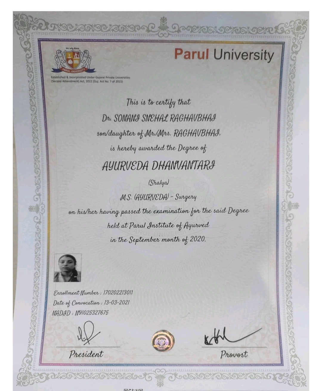 Ayurvedic doctor's certificate