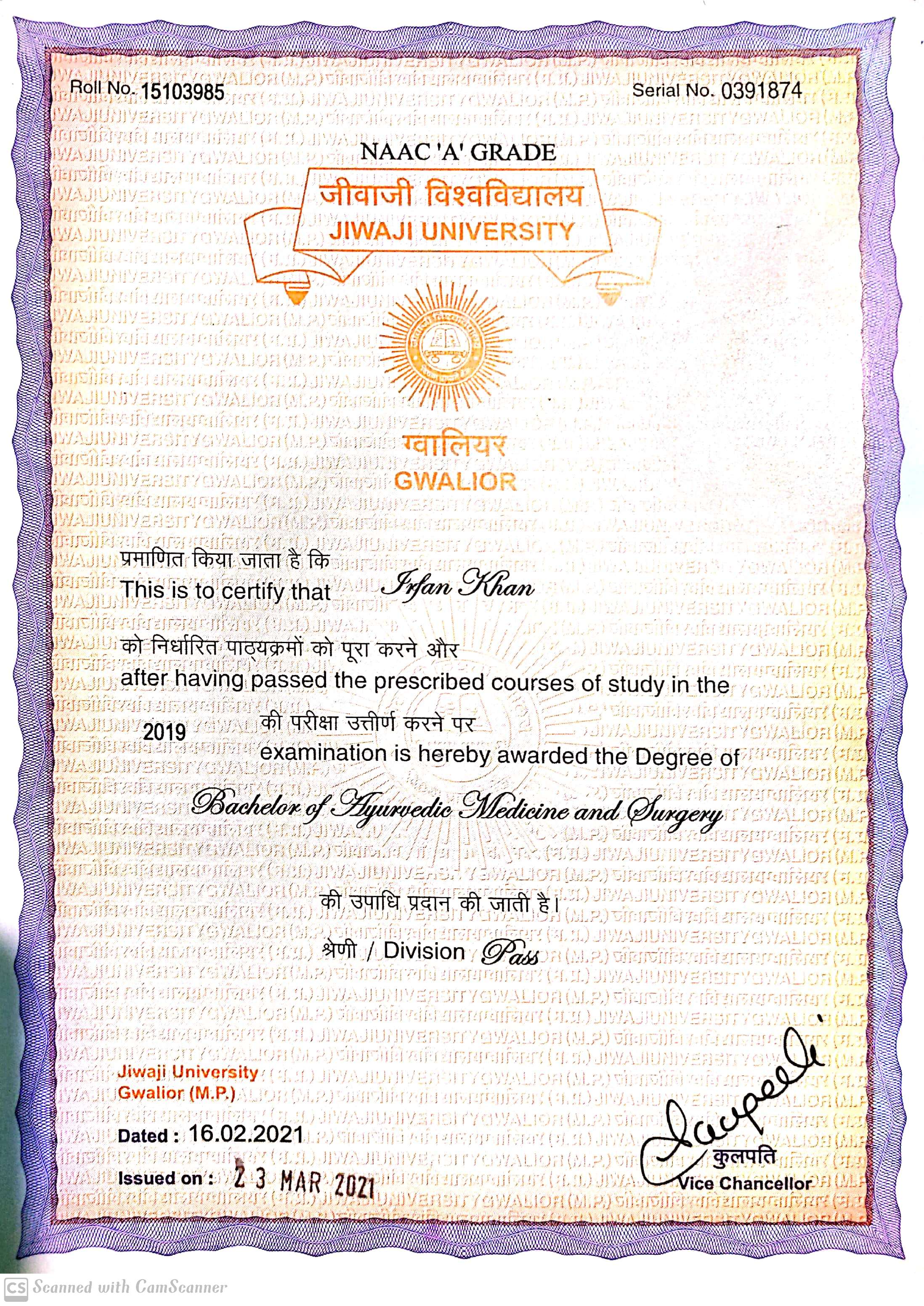 Ayurvedic doctor's certificate