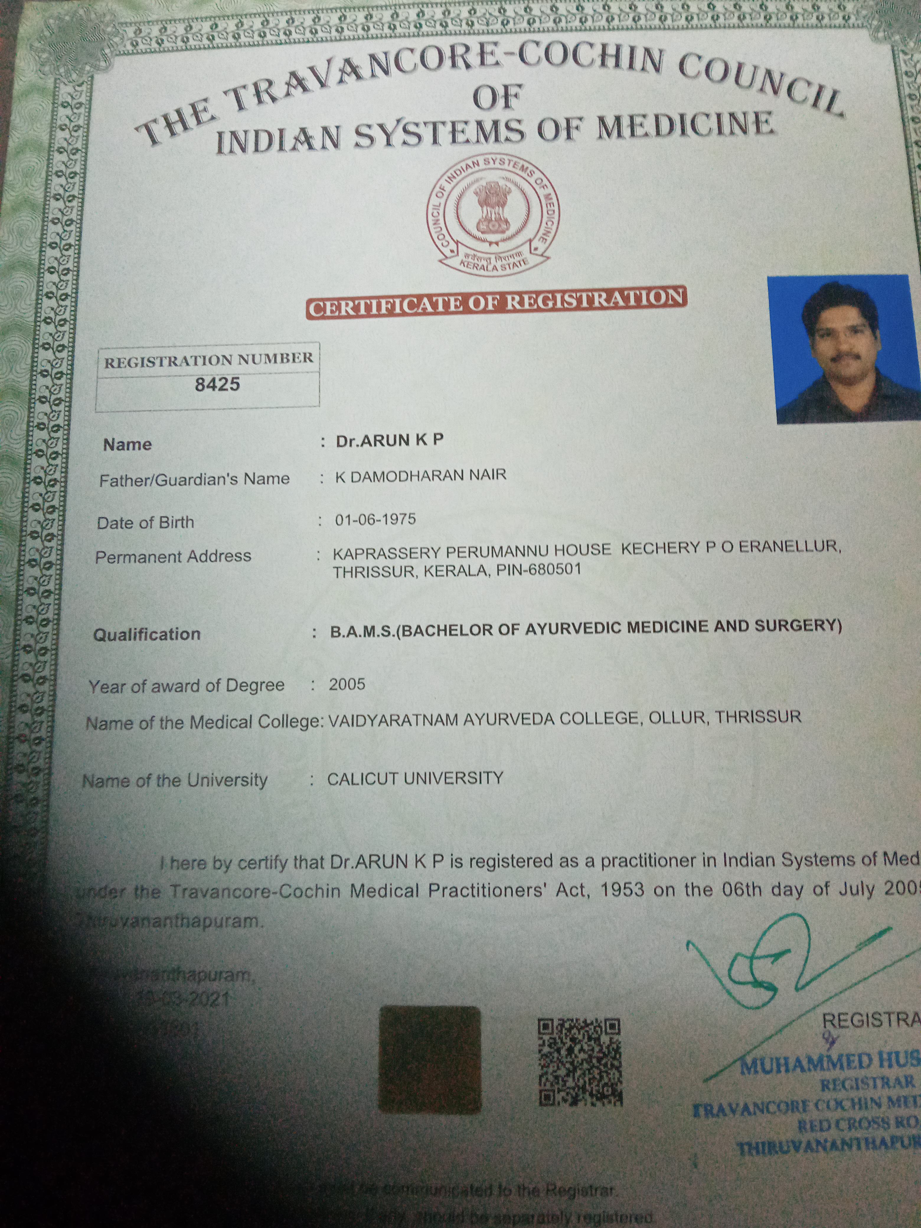 Ayurvedic doctor's certificate