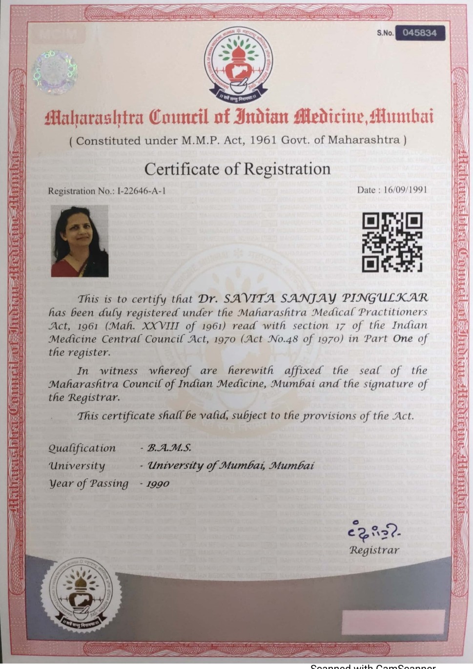 Ayurvedic doctor's certificate