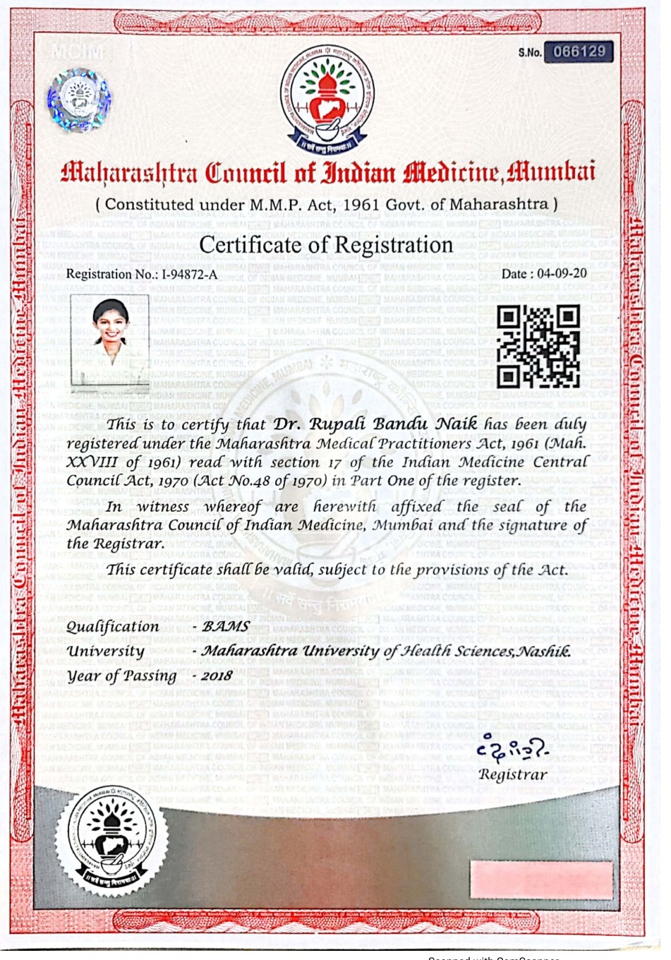Ayurvedic doctor's certificate