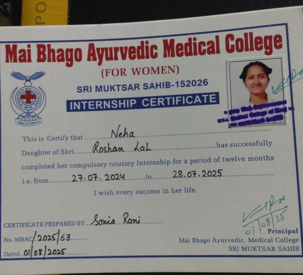 Ayurvedic doctor's certificate
