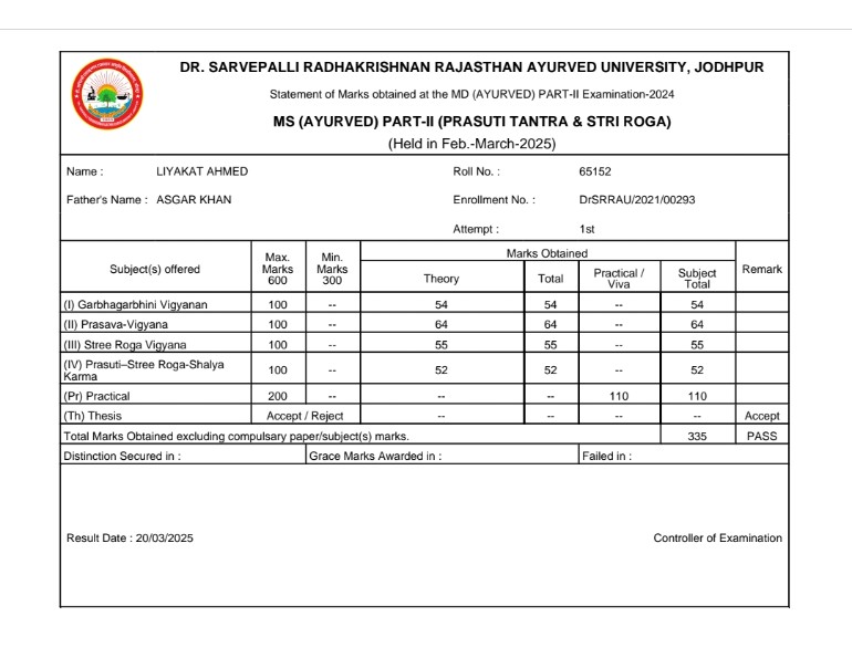 Ayurvedic doctor's certificate
