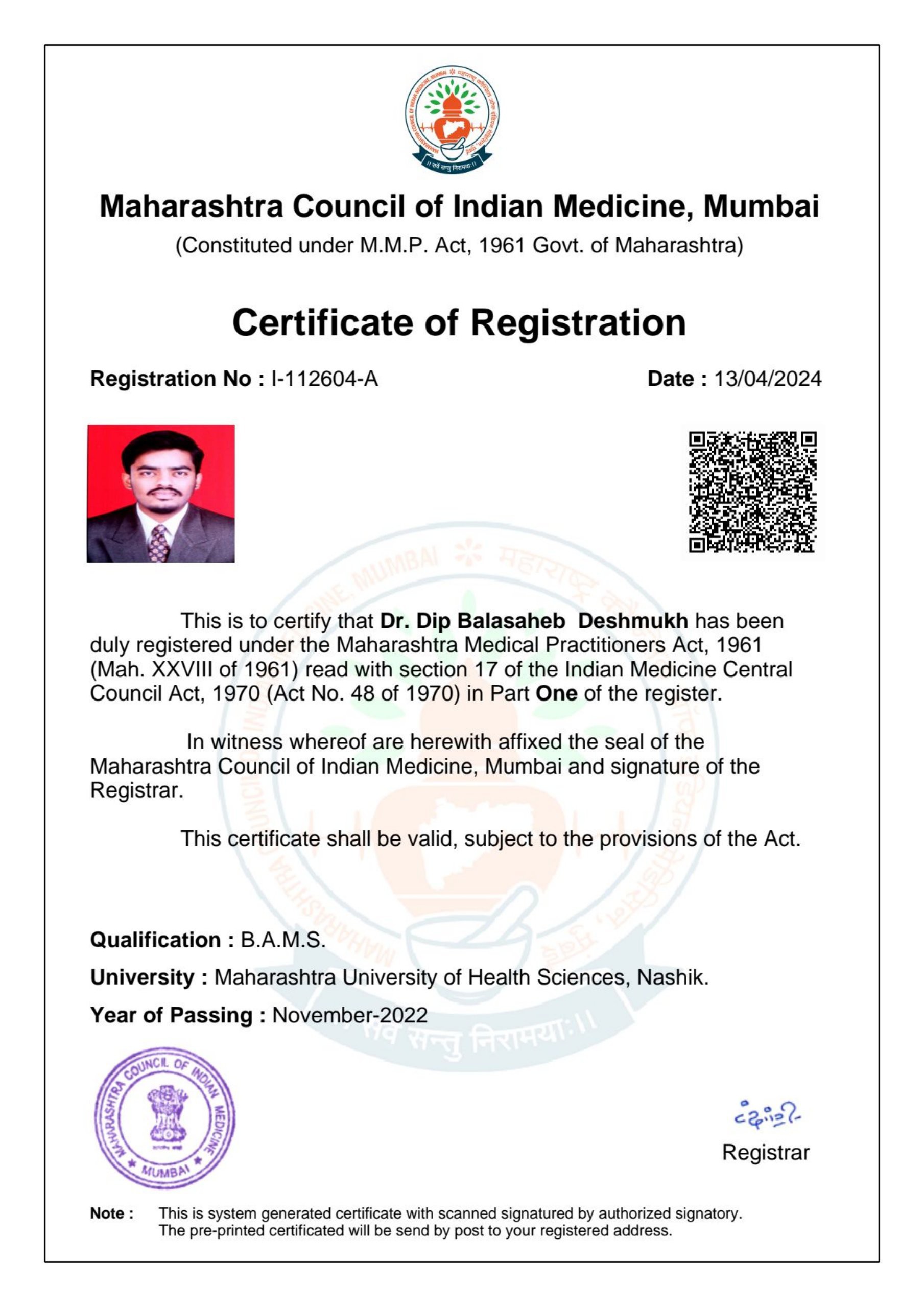 Ayurvedic doctor's certificate