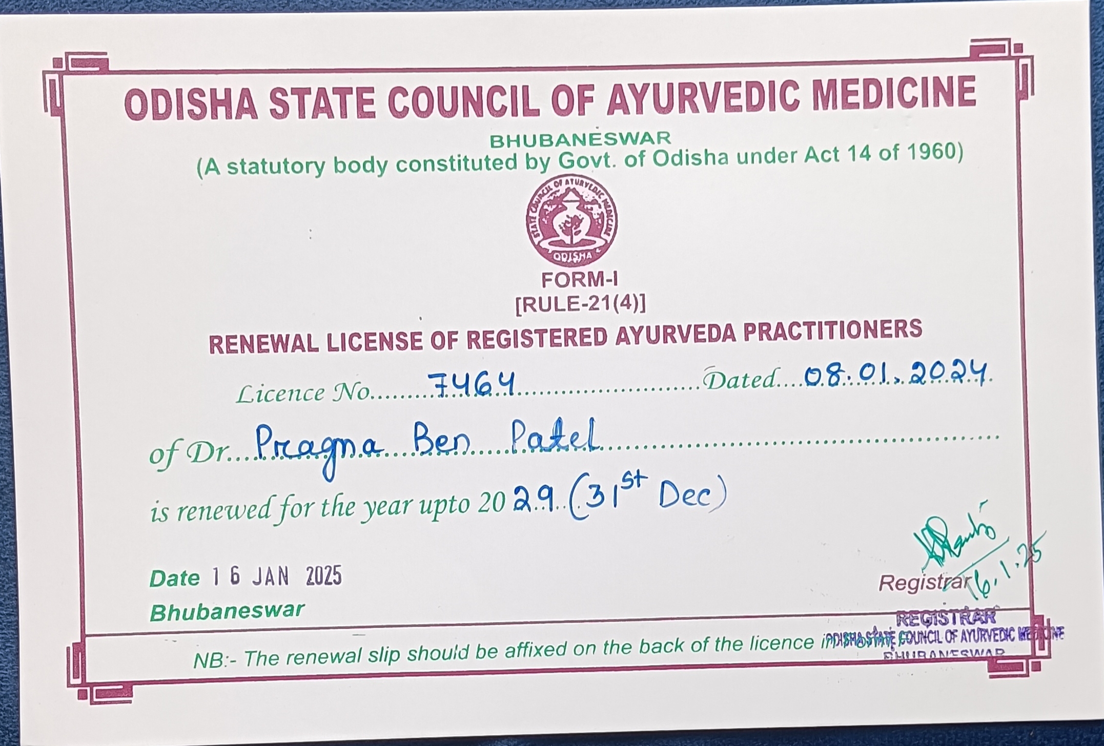 Ayurvedic doctor's certificate