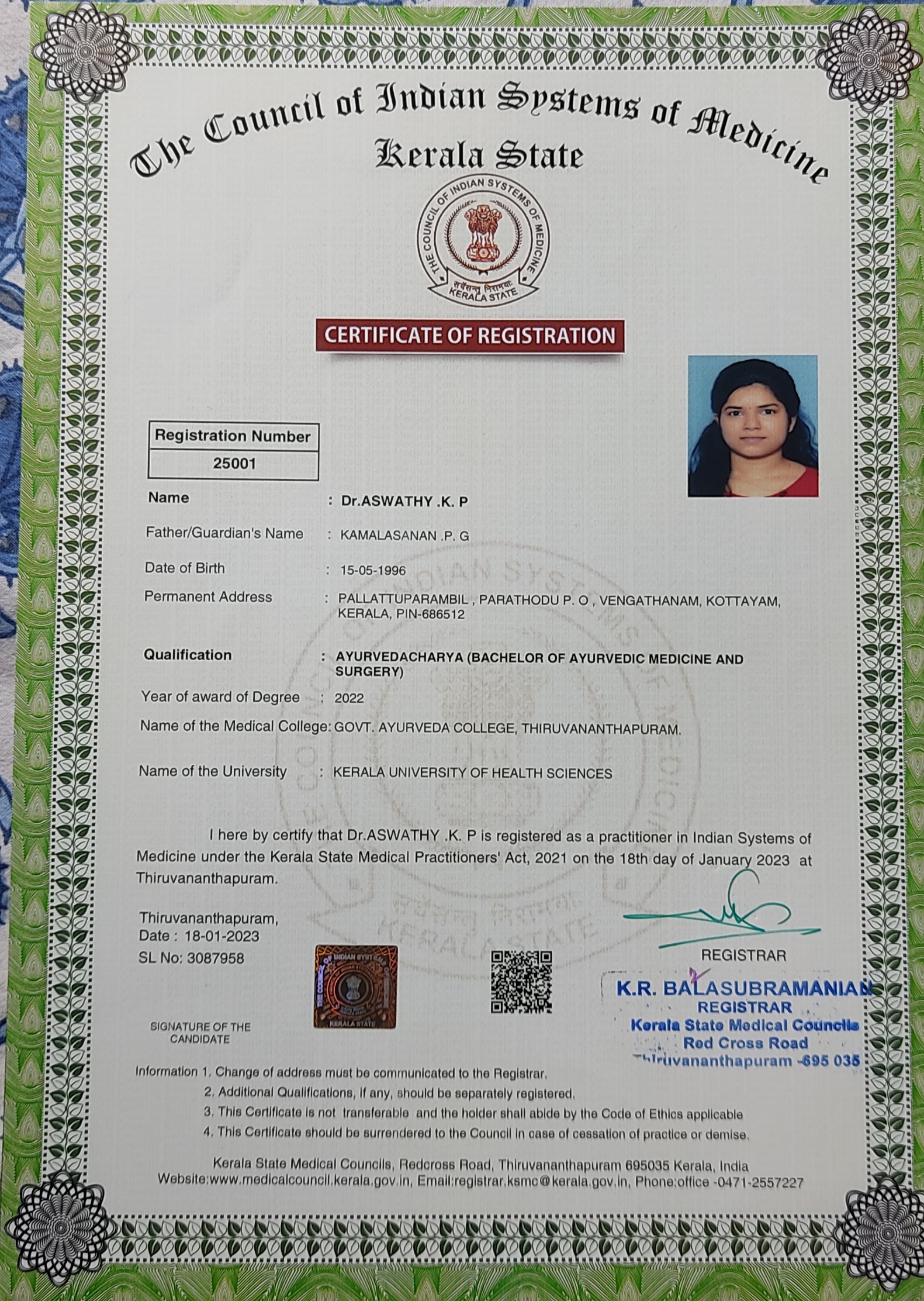 Ayurvedic doctor's certificate