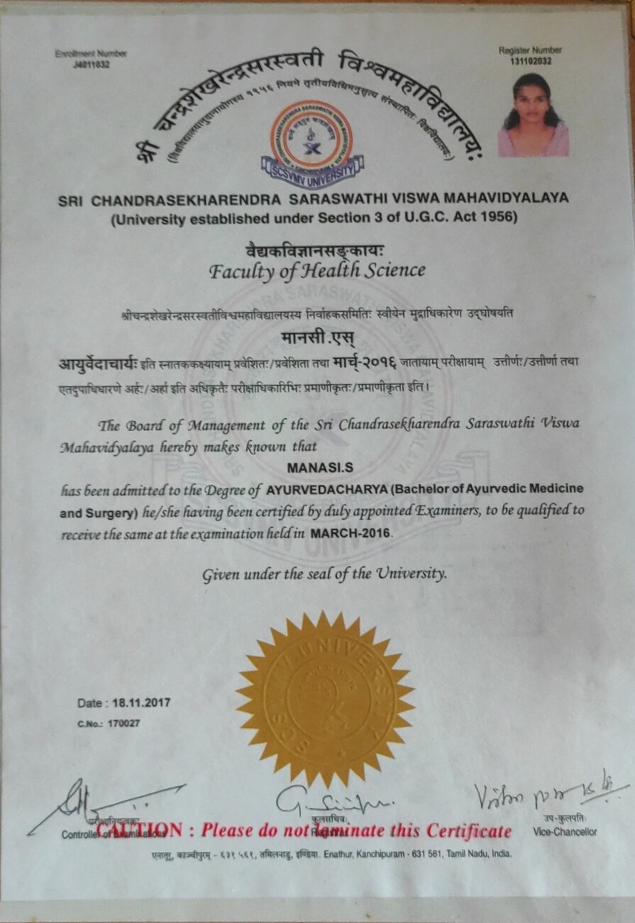 Ayurvedic doctor's certificate
