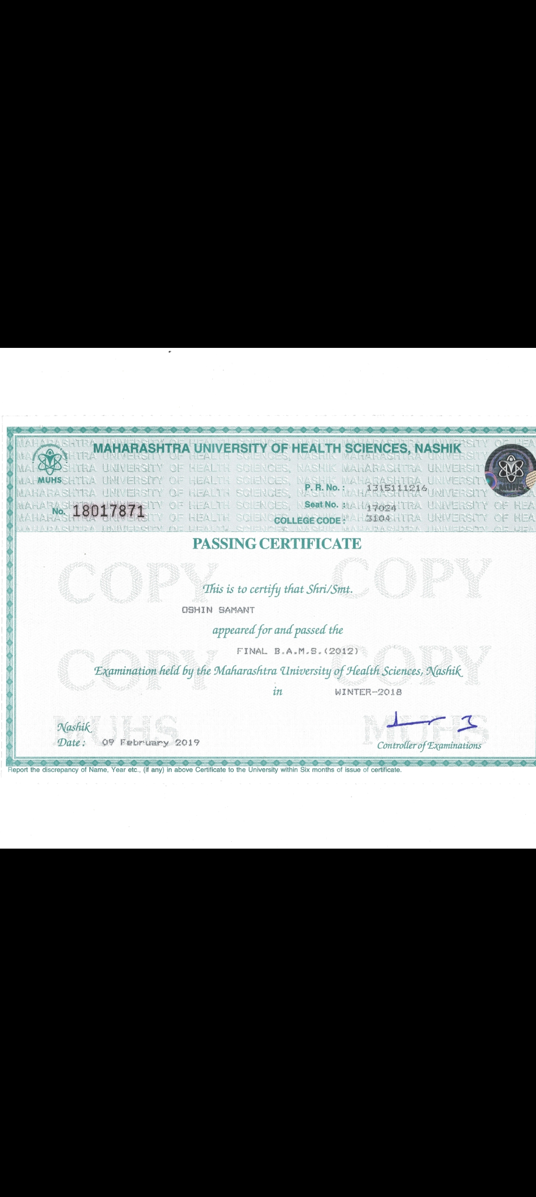 Ayurvedic doctor's certificate