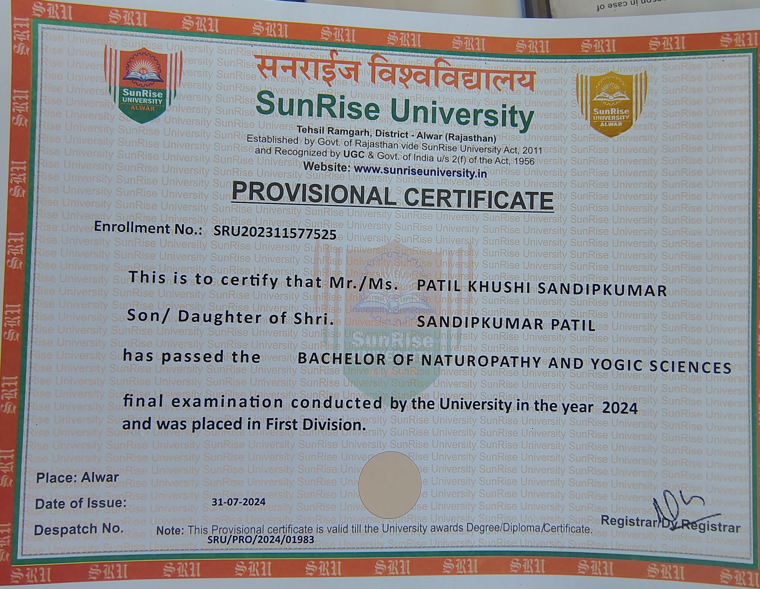 Ayurvedic doctor's certificate