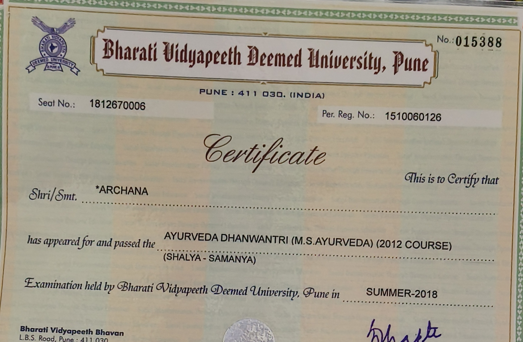 Ayurvedic doctor's certificate