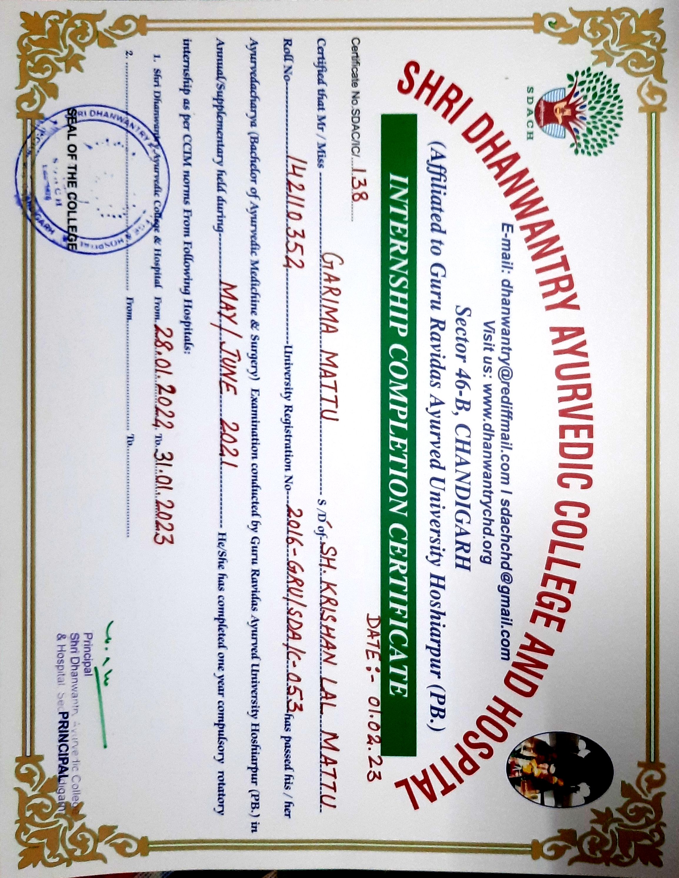 Ayurvedic doctor's certificate
