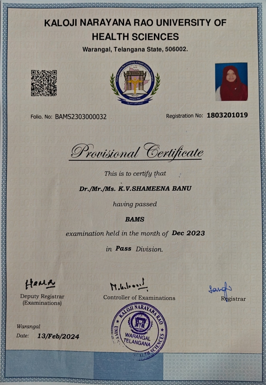 Ayurvedic doctor's certificate