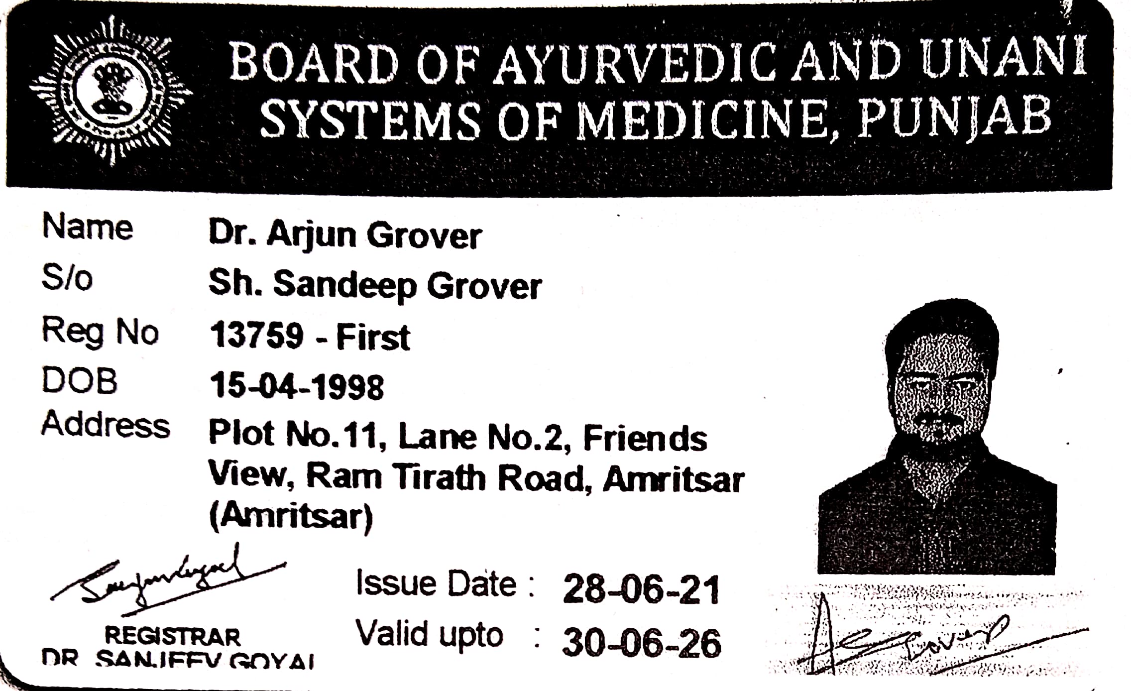 Ayurvedic doctor's certificate