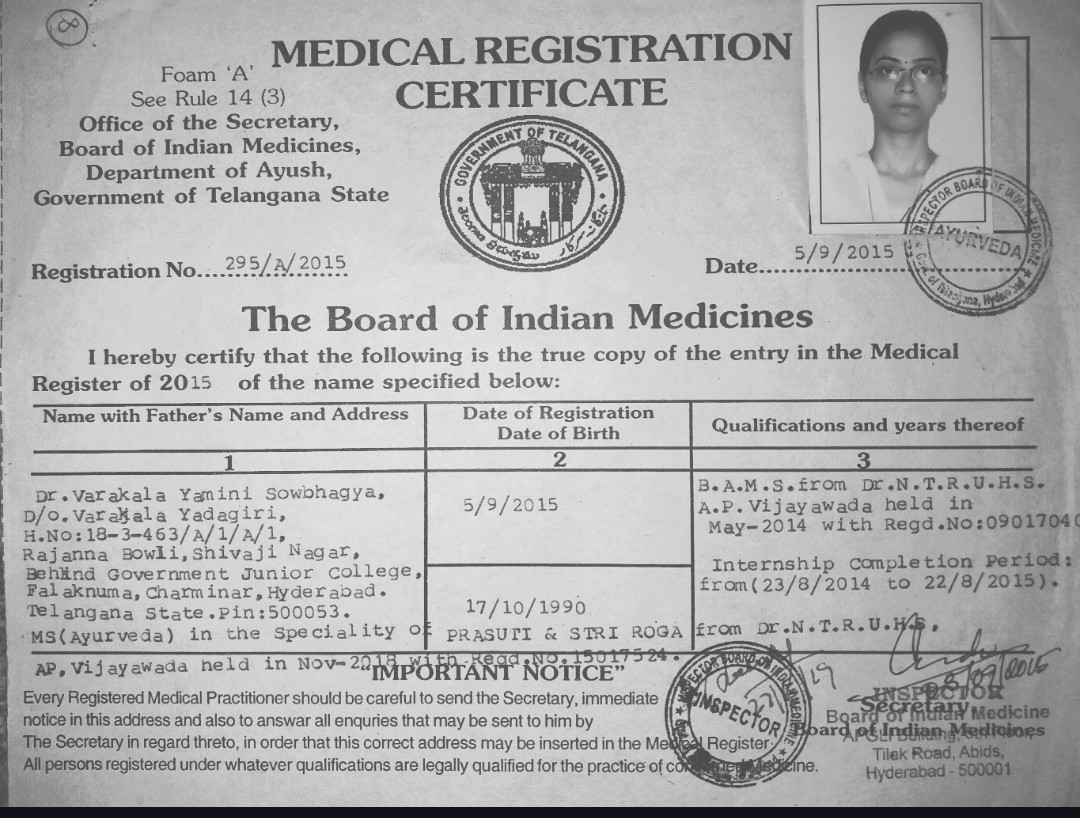 Ayurvedic doctor's certificate