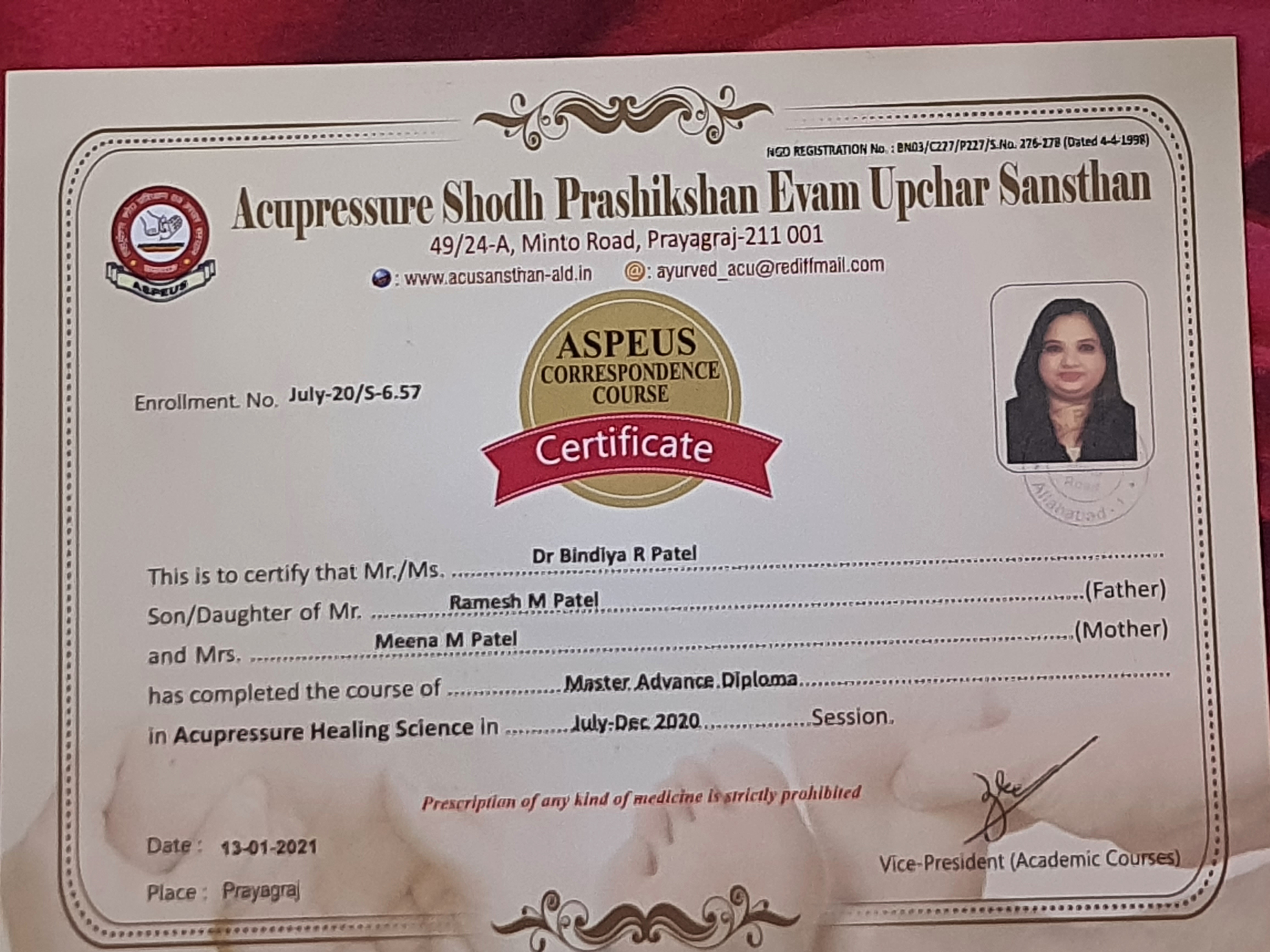 Ayurvedic doctor's certificate