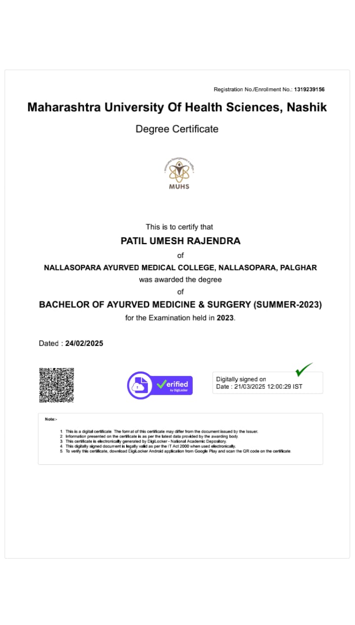Ayurvedic doctor's certificate