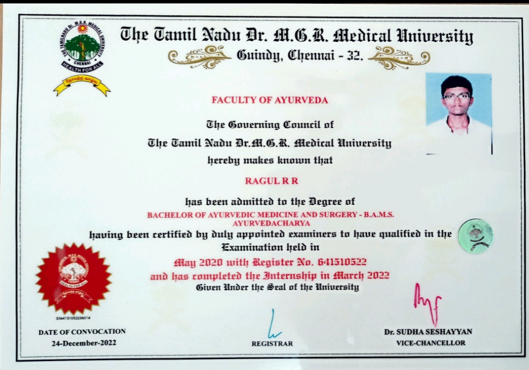 Ayurvedic doctor's certificate