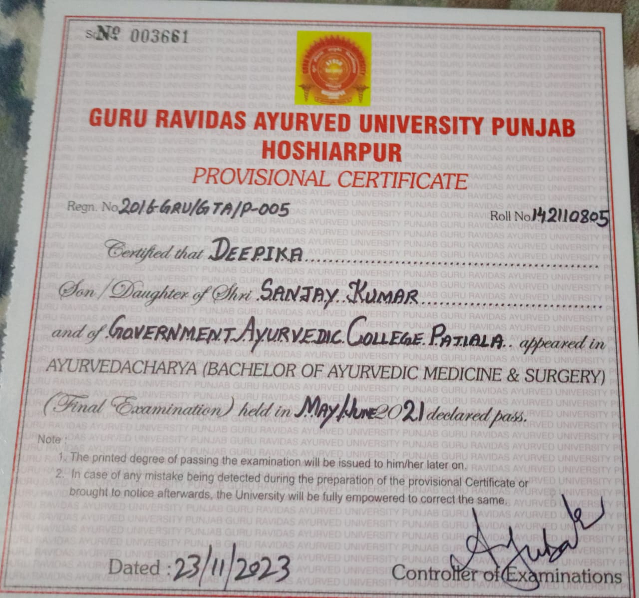 Ayurvedic doctor's certificate