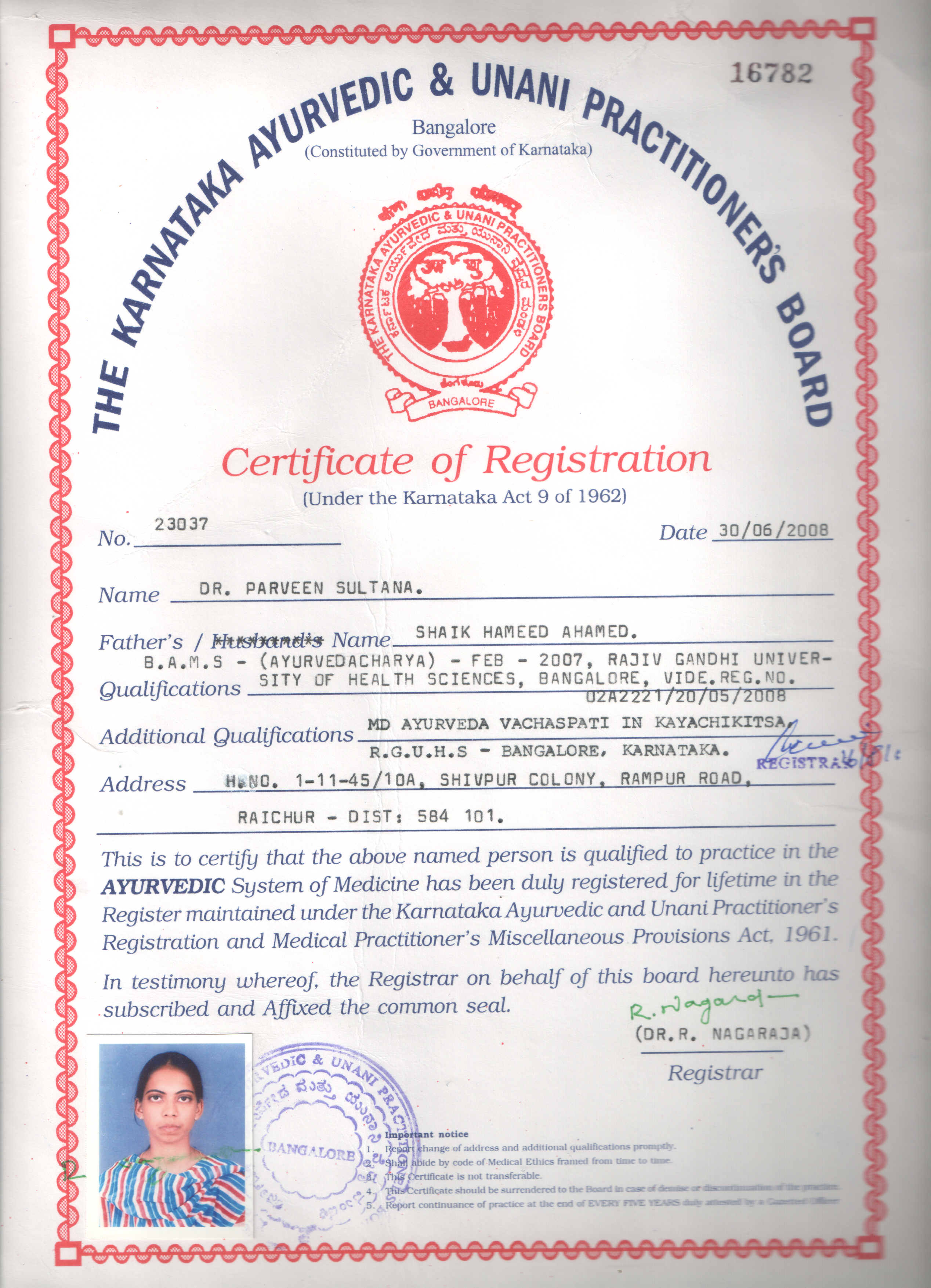 Ayurvedic doctor's certificate