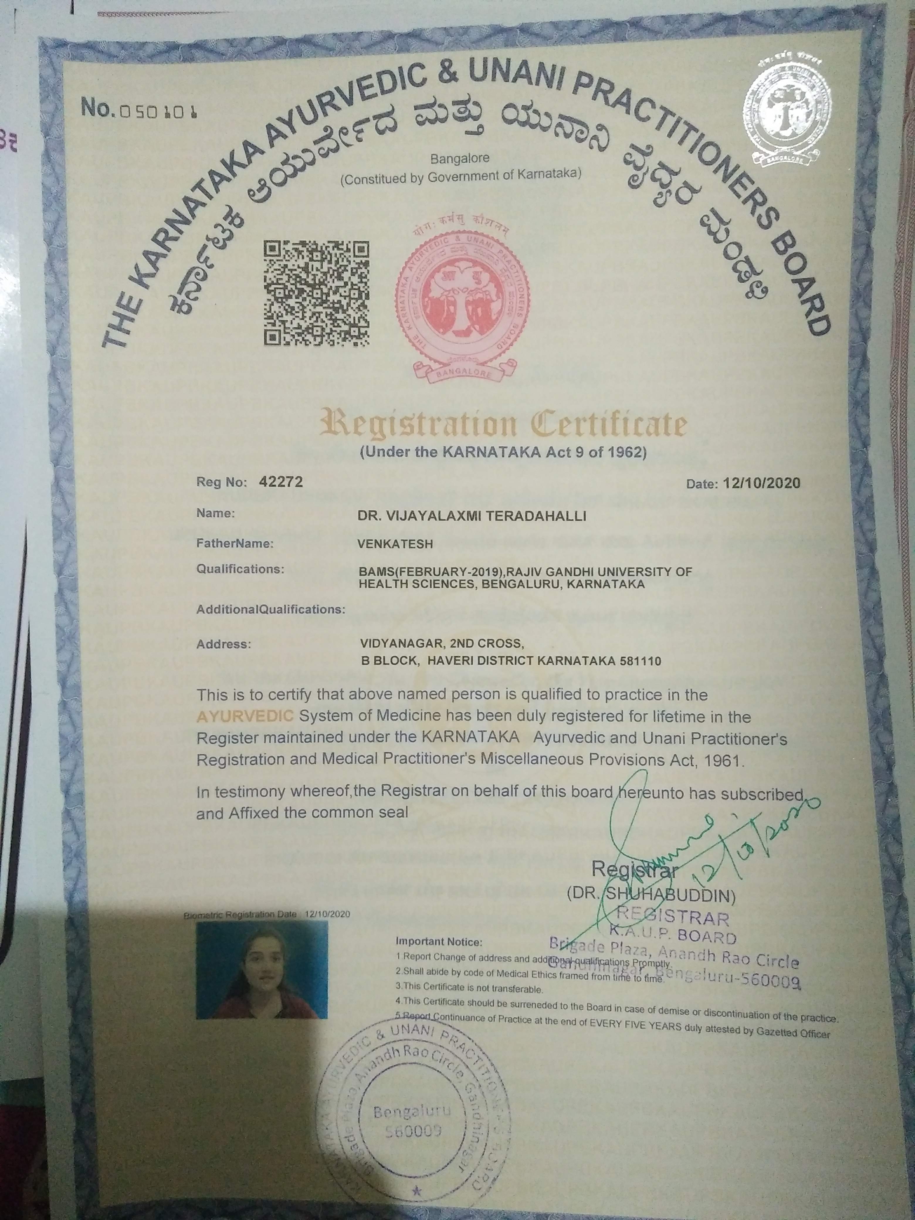 Ayurvedic doctor's certificate